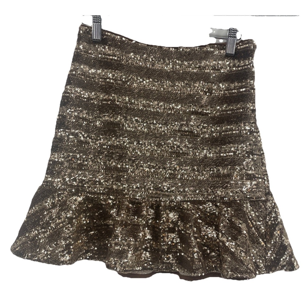 Express Gold Sequin Skirt Women's 2 Chocolate Brown Flare Holiday New Years Eve